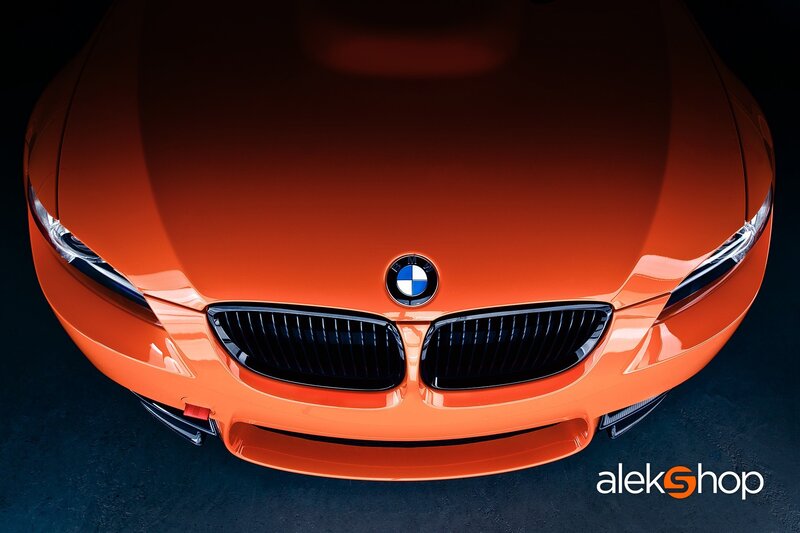 Orange BMW Car — Dramatic, Photograph, Car Grille, Headlights