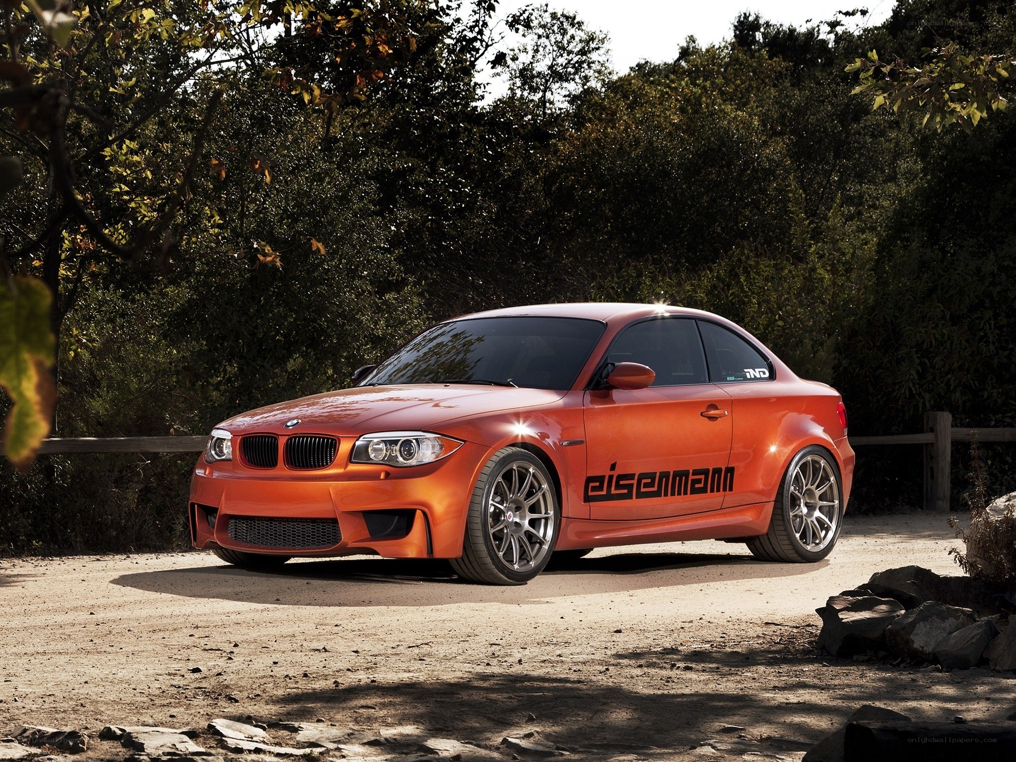 Orange BMW coupe in forest