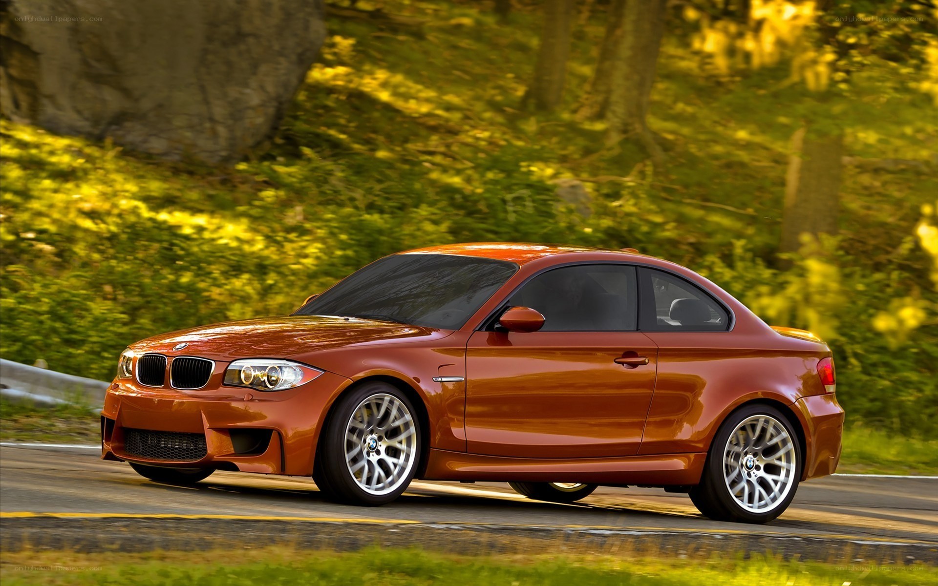 Orange BMW coupe on road