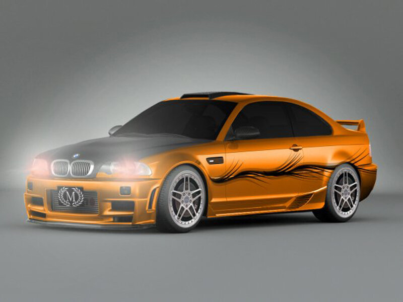orange BMW coupe with custom graphics