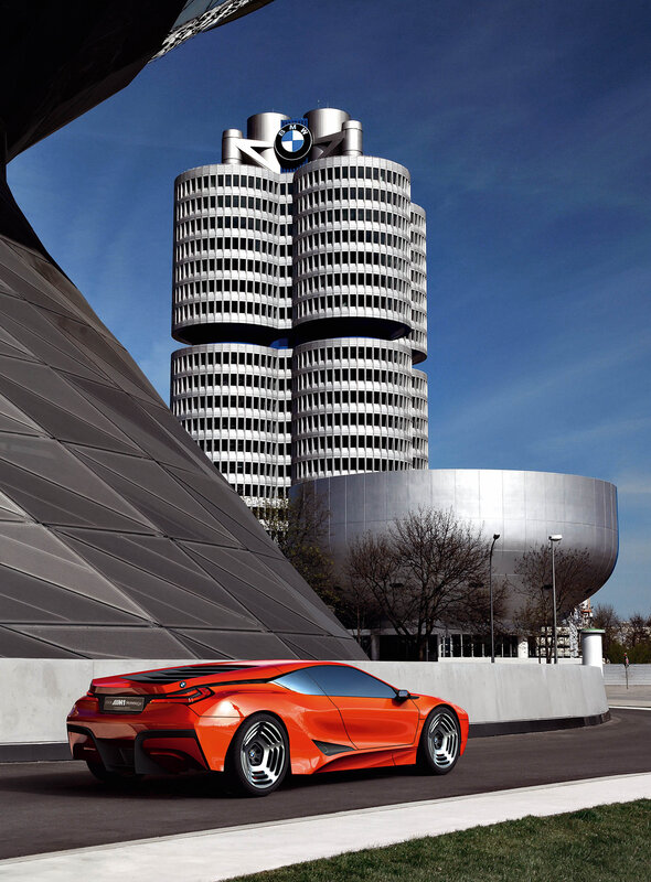 Orange BMW i8 in front of BMW headquarters