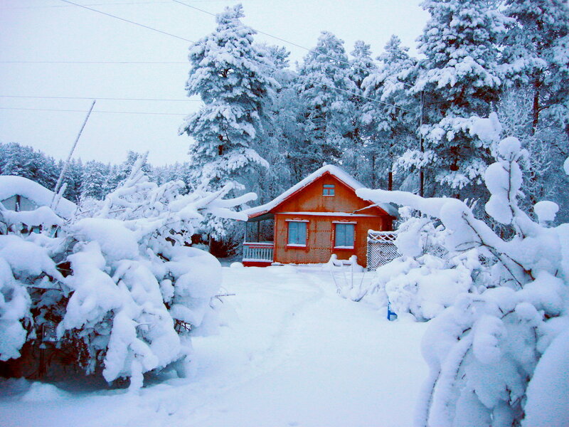 Orange Cabin in Snow
