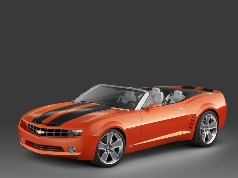 Orange Camaro Convertible — Neutral, 3d Render, Black Stripes, Silver Wheels, White Interior, Black
