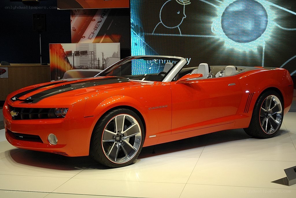 Orange Camaro convertible on display