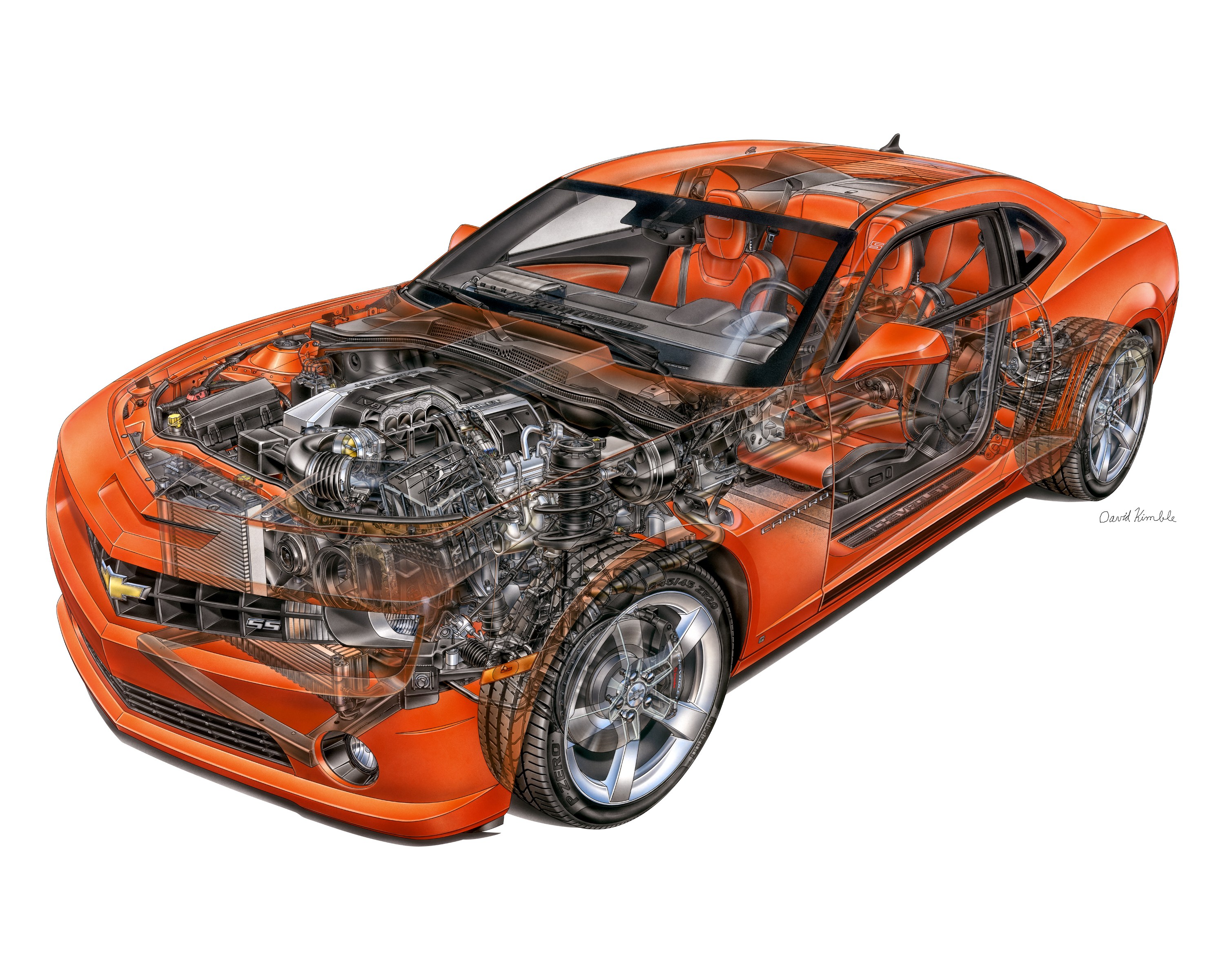 Orange Camaro cutaway illustration