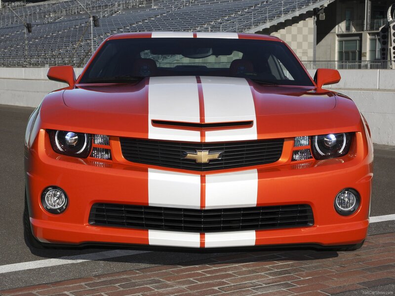 Orange Camaro with racing stripes