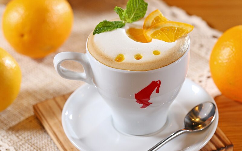 Orange Cappuccino in Cup — White, Refreshing, Photograph