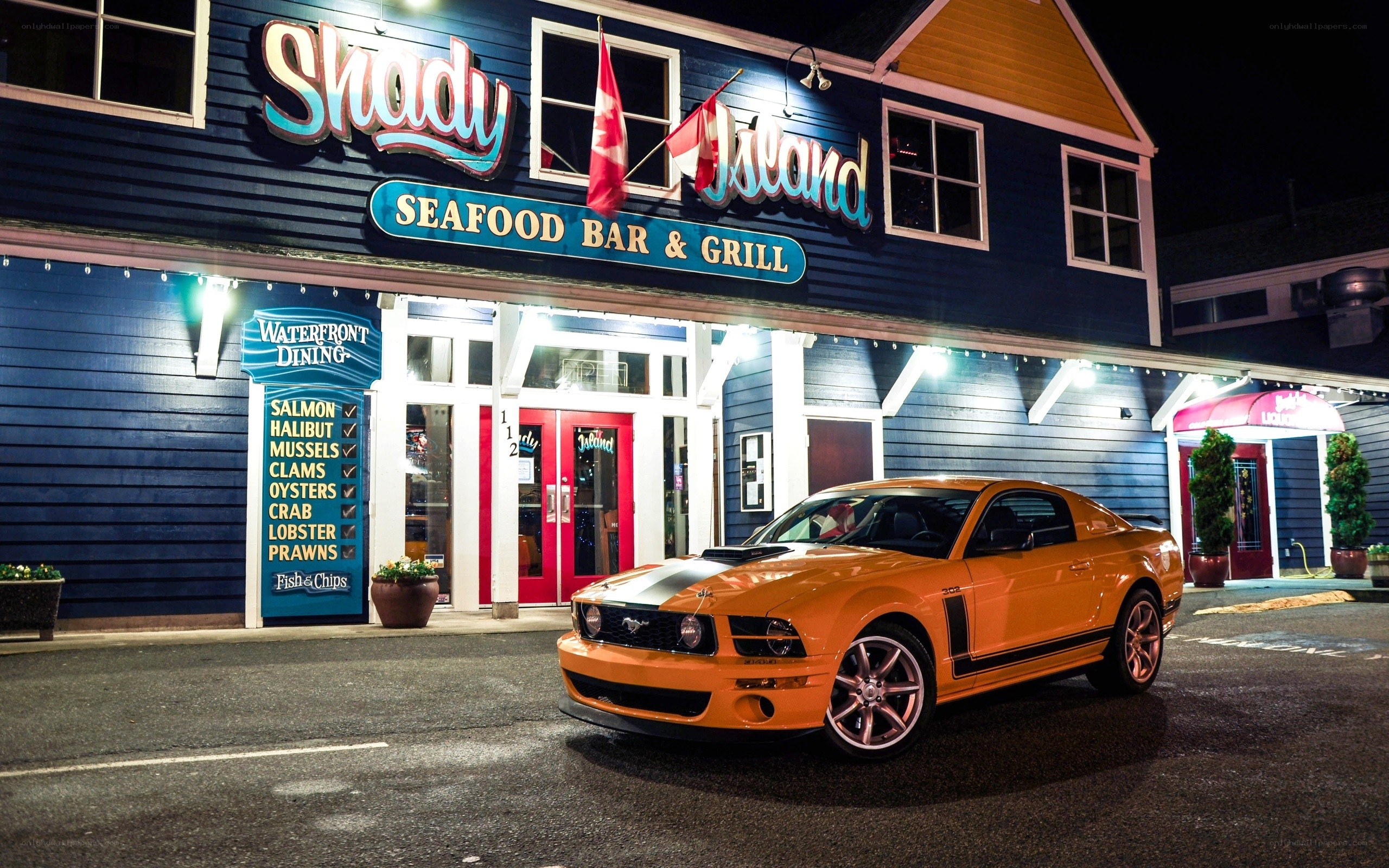 Orange car at seafood restaurant