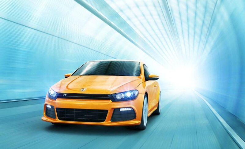 Orange car in a futuristic tunnel