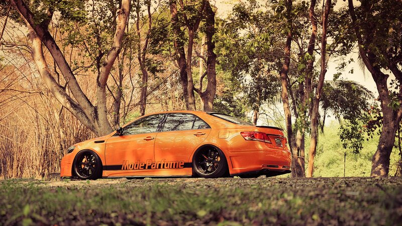 Orange car in forest