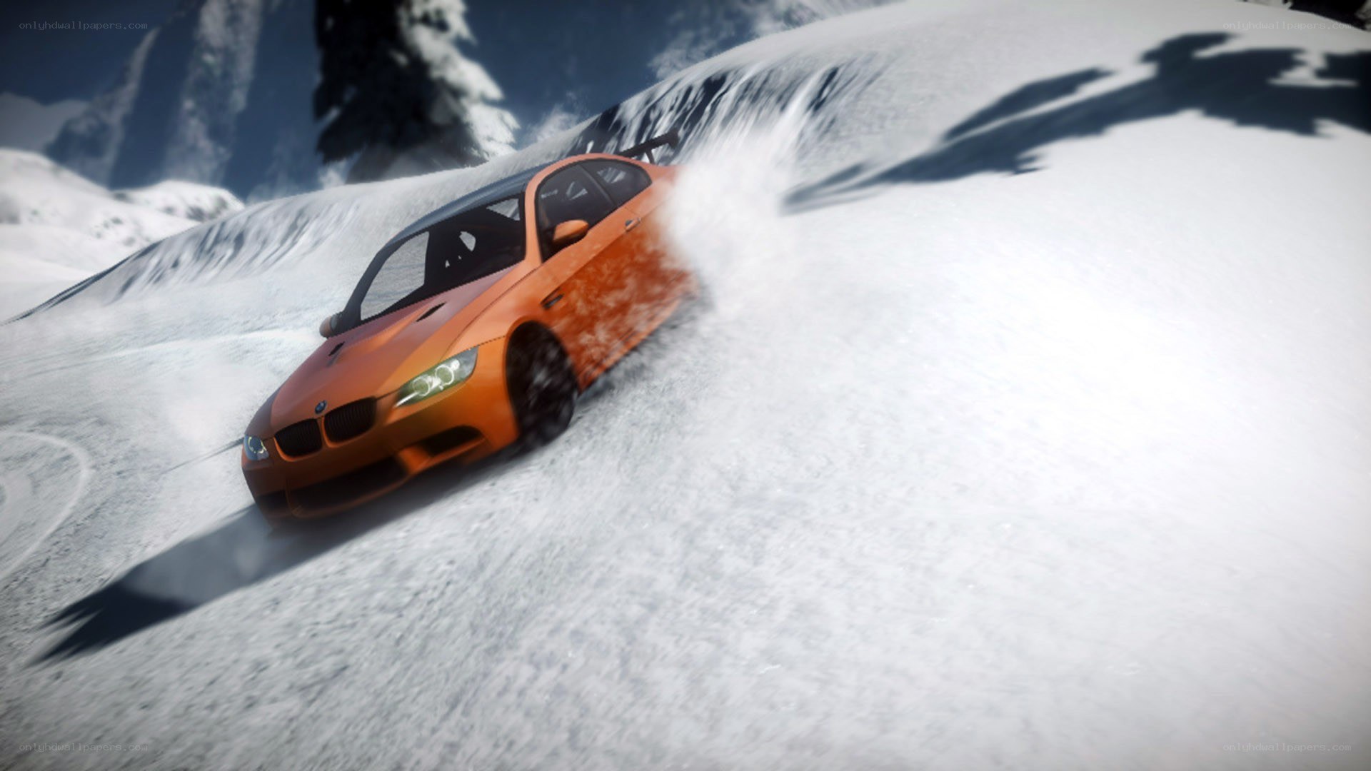 Orange car on snowy mountain