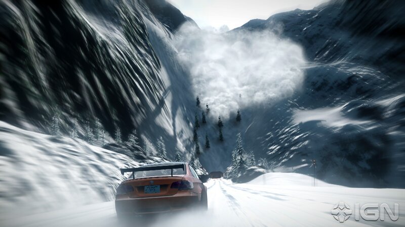 Orange Car on Snowy Road — White, Dramatic
