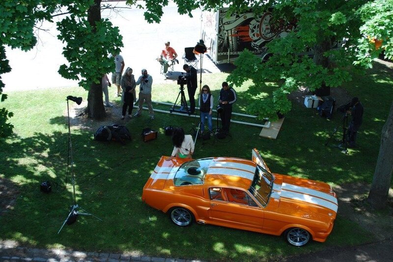 Orange car photoshoot in park