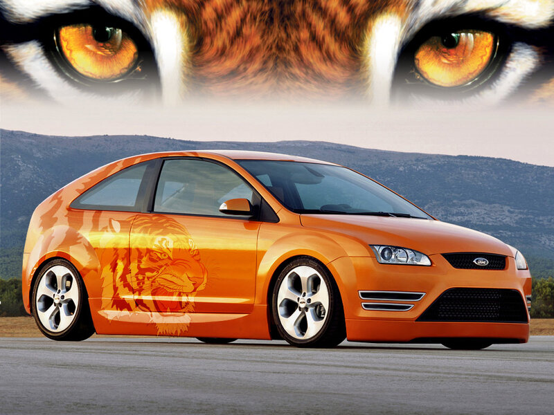 Orange car with tiger design