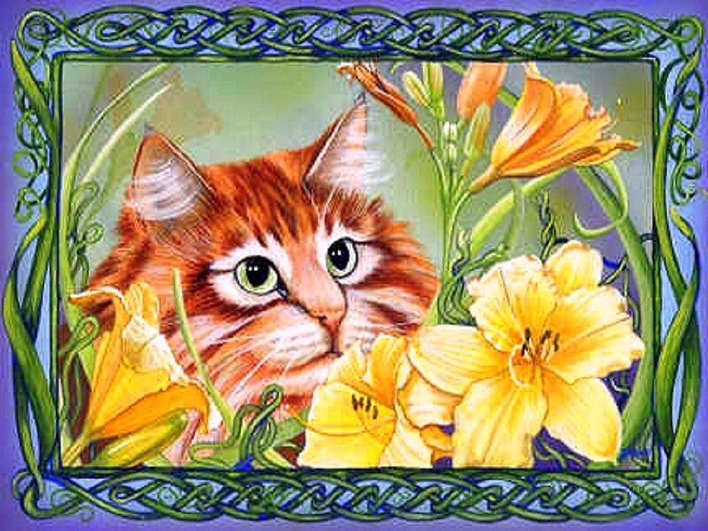 Orange Cat Among Flowers