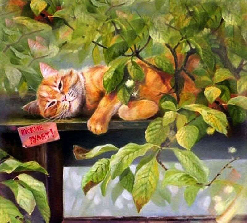Orange Cat Sleeping — Green, Peaceful