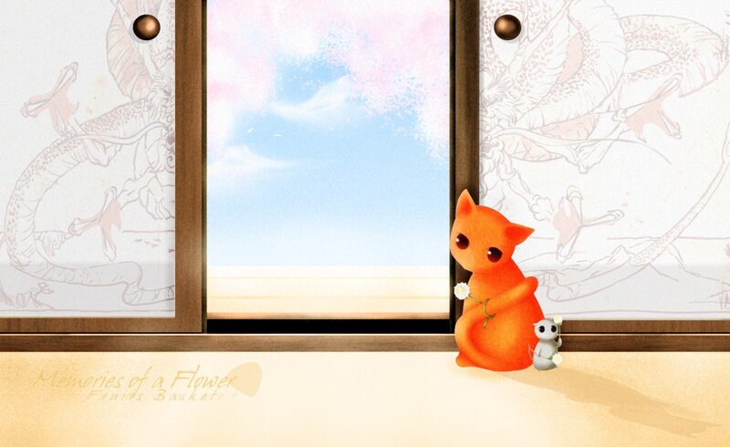 Orange cat with flower by window