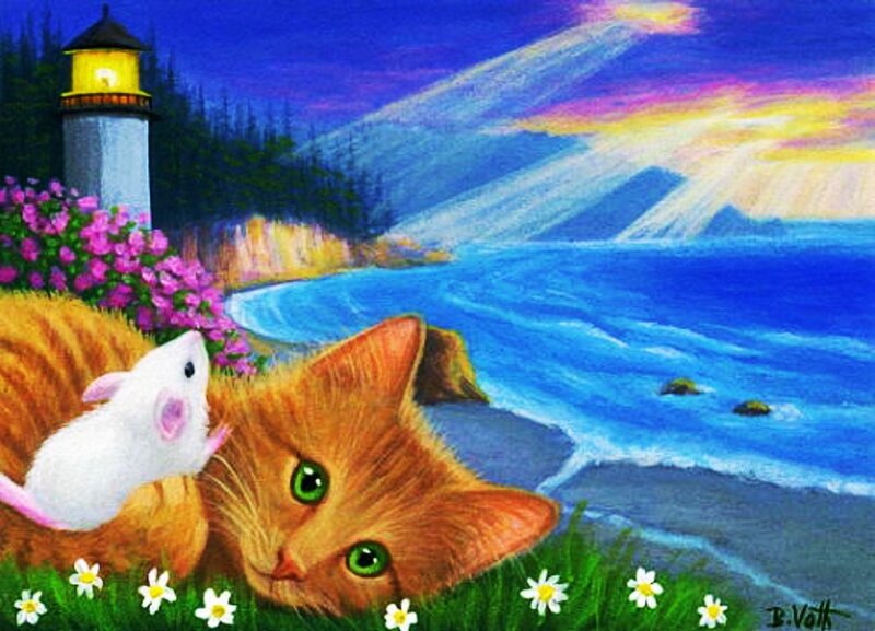 Orange Cat with Mouse — Blue