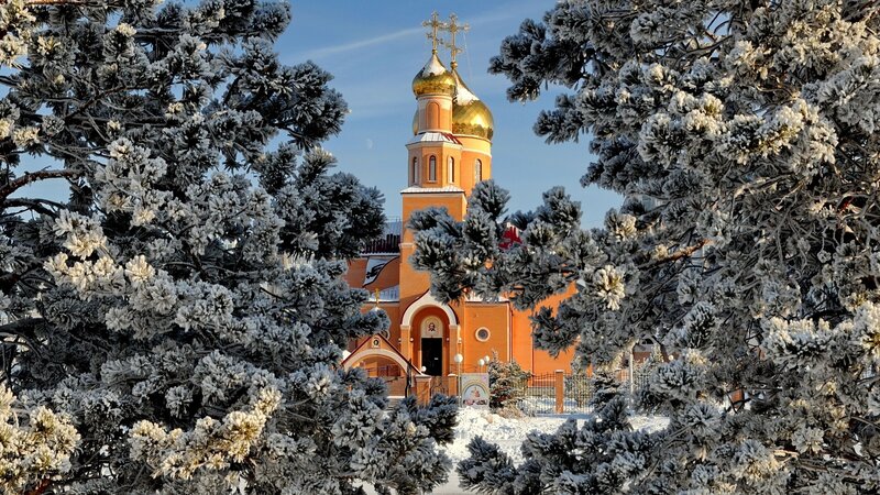 Orange Church with Golden Domes