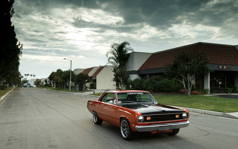 Orange Classic Car — Dramatic, Afternoon, Photograph, Building