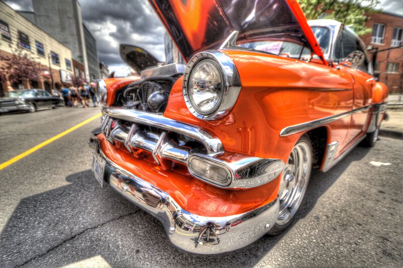 Orange Classic Car — Dramatic, Afternoon, Photograph, Hood