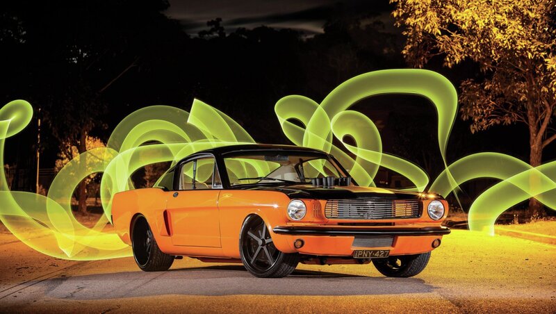Orange Classic Car — Dramatic, Night, Photograph, Light Trails