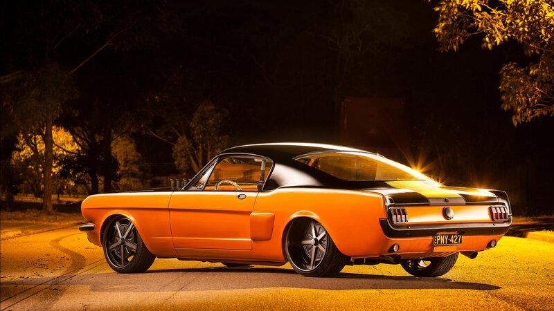 Orange Classic Car — Dramatic, Night, Photograph, Trees, Road