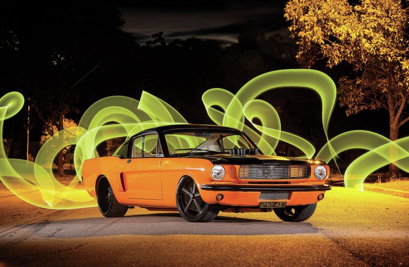 Orange Classic Car — Dramatic, Night, Photograph, Trees