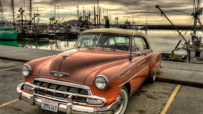 Orange Classic Car — Dramatic, Sunset, Photograph, Harbor
