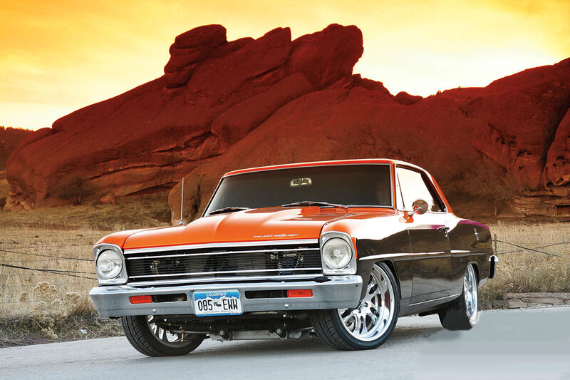 Orange Classic Car — Dramatic, Sunset, Photograph, Rock Formation