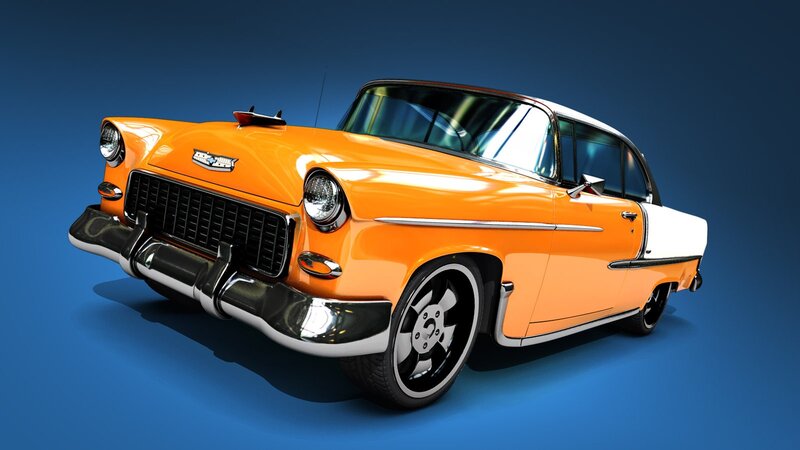 orange classic car on blue