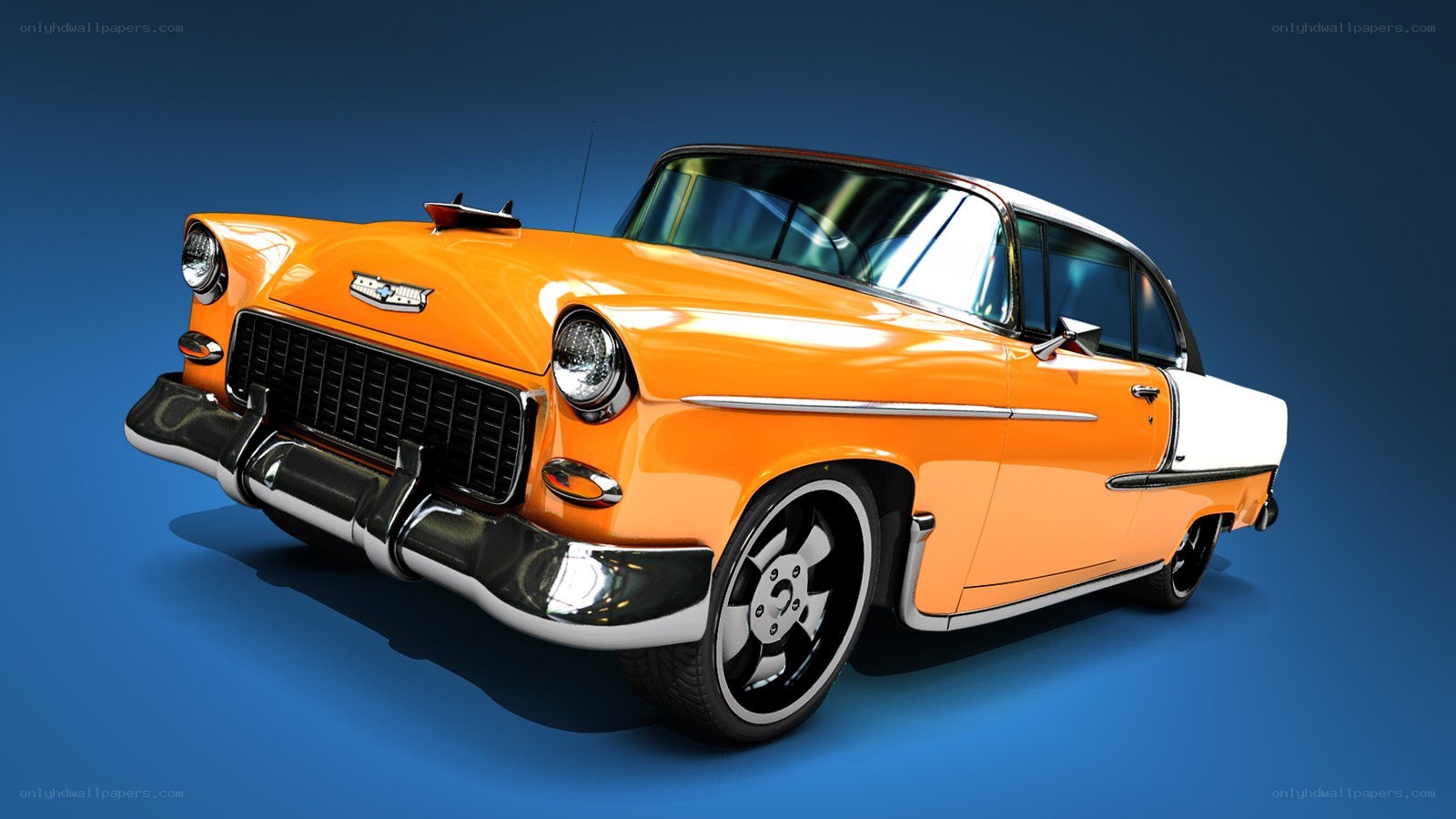 orange classic car on blue
