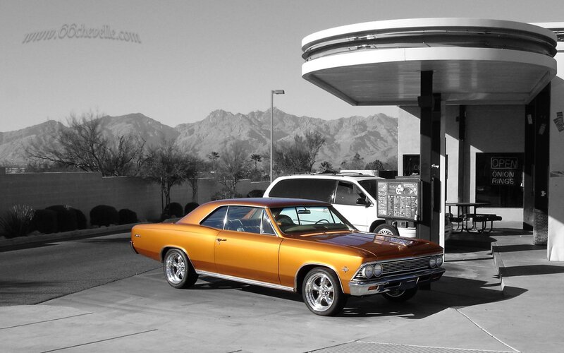 Orange Classic Car — Serene, Afternoon, Photograph, Gas Station