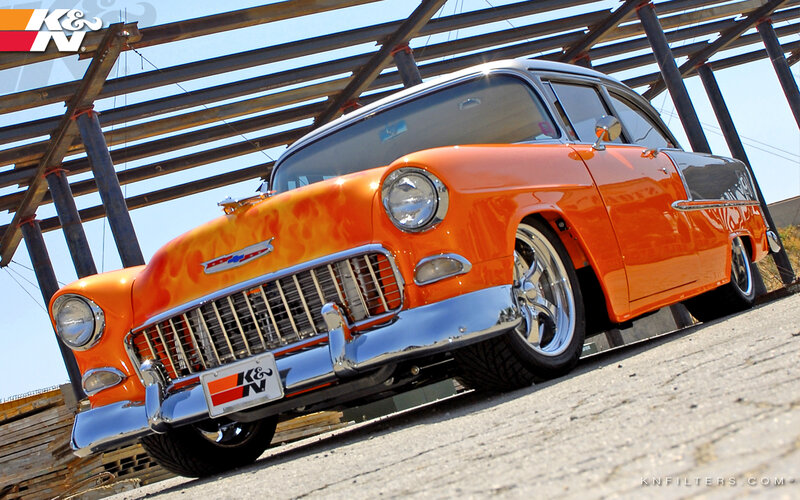Orange classic car with flame design