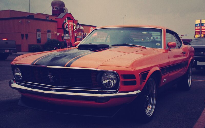 Orange Classic Muscle Car — Dramatic, Afternoon, Photograph, Building
