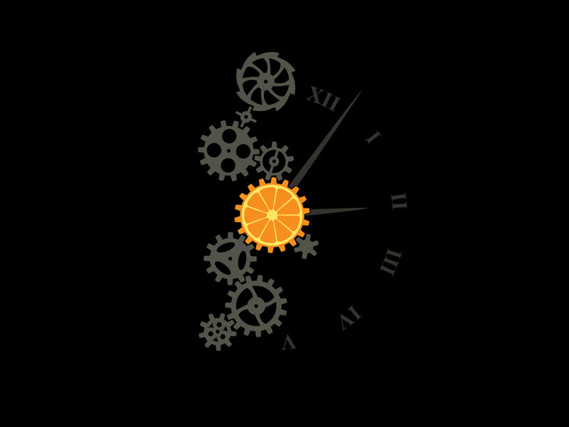 orange clock with gears