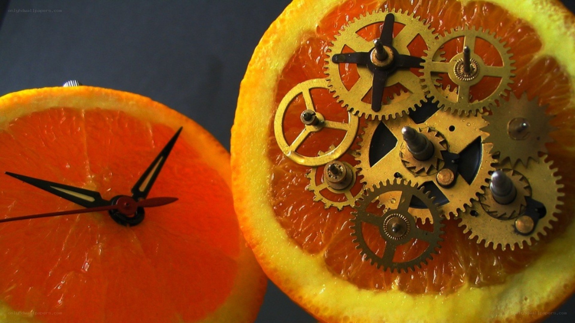 orange clock with gears
