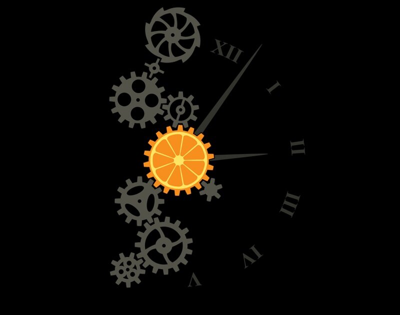 orange clock with gears