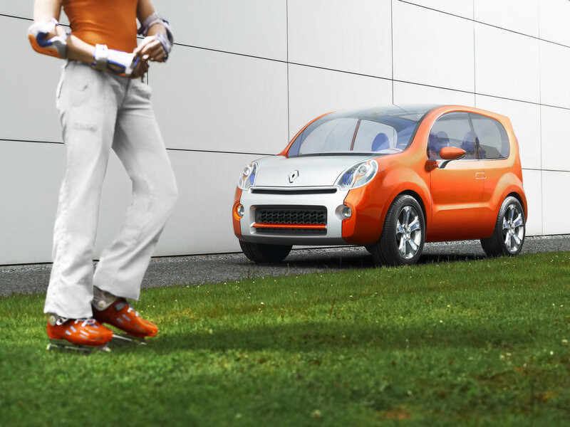 Orange concept car and roller skater