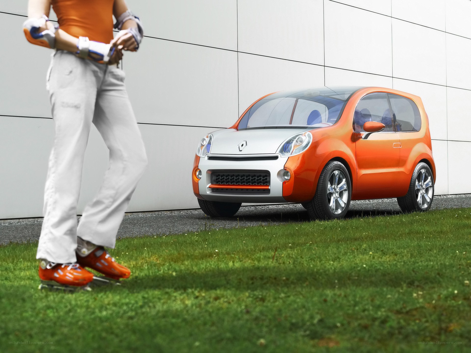 Orange concept car and roller skater