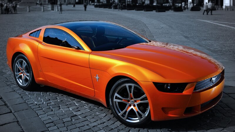 Orange Concept Car — Dramatic, Afternoon, 3d Render, Cobblestone Street, People