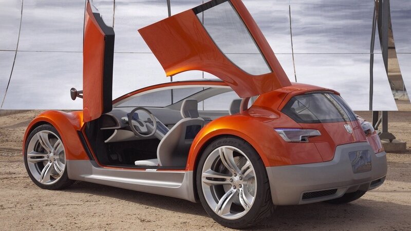 Orange Concept Car — Dramatic, Afternoon, Photograph, Solar Panels, Desert