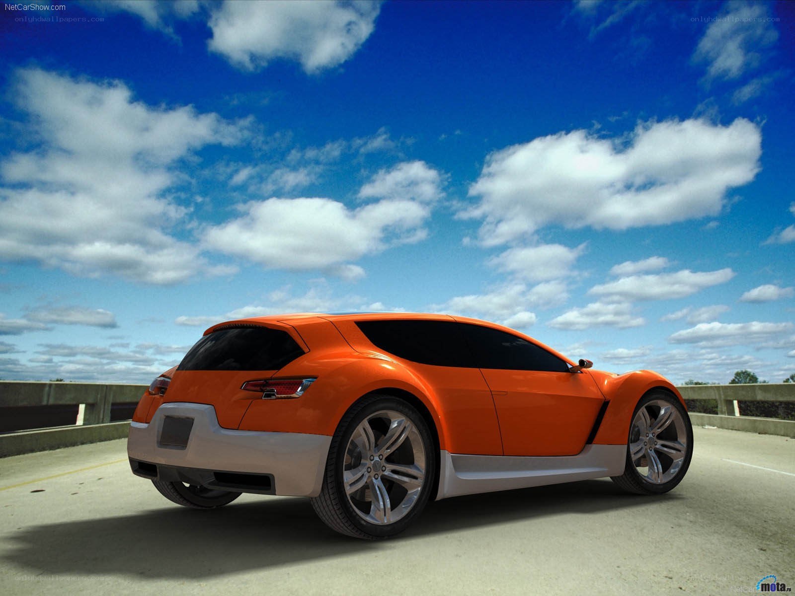 Orange concept car on a bridge