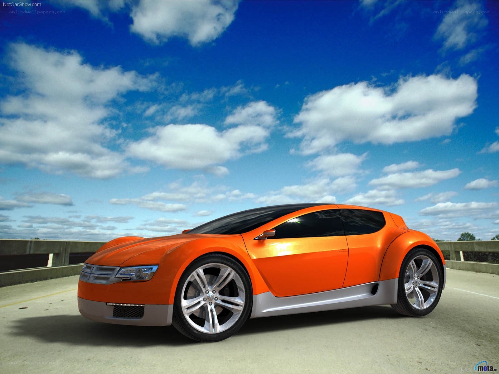 Orange concept car on bridge