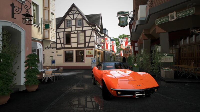 Orange Corvette in a European town