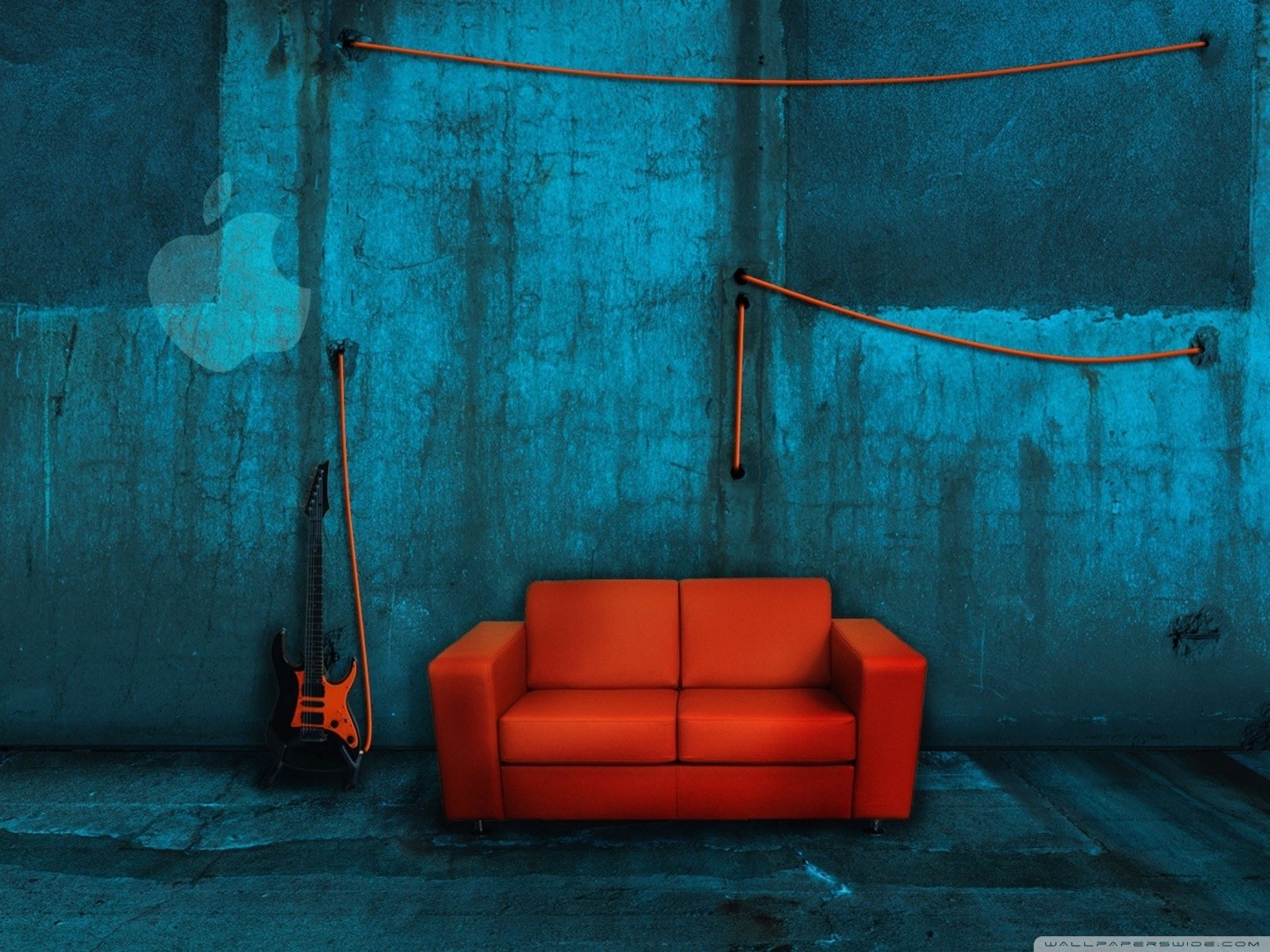 Orange couch in blue room