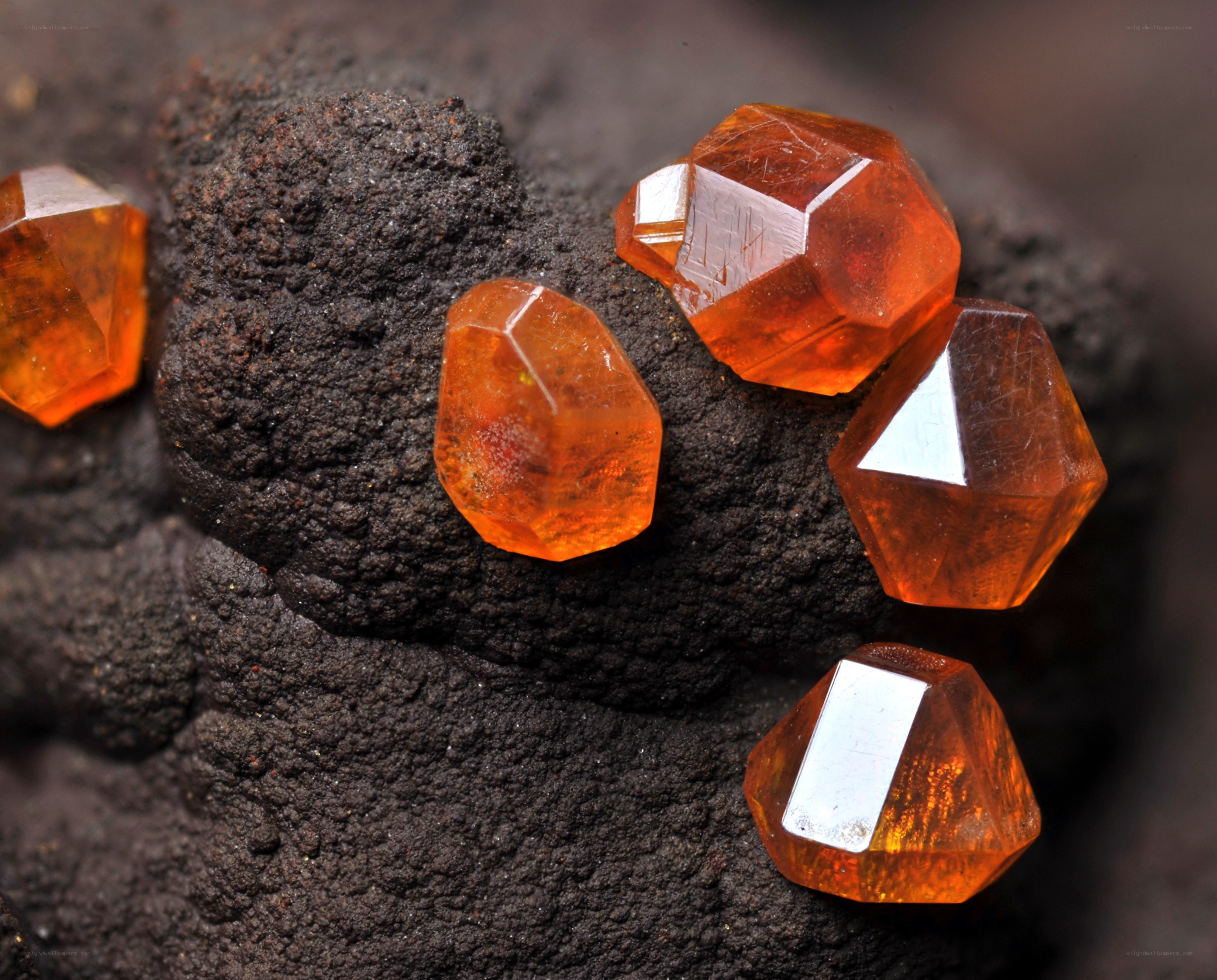 orange crystals on dark rock