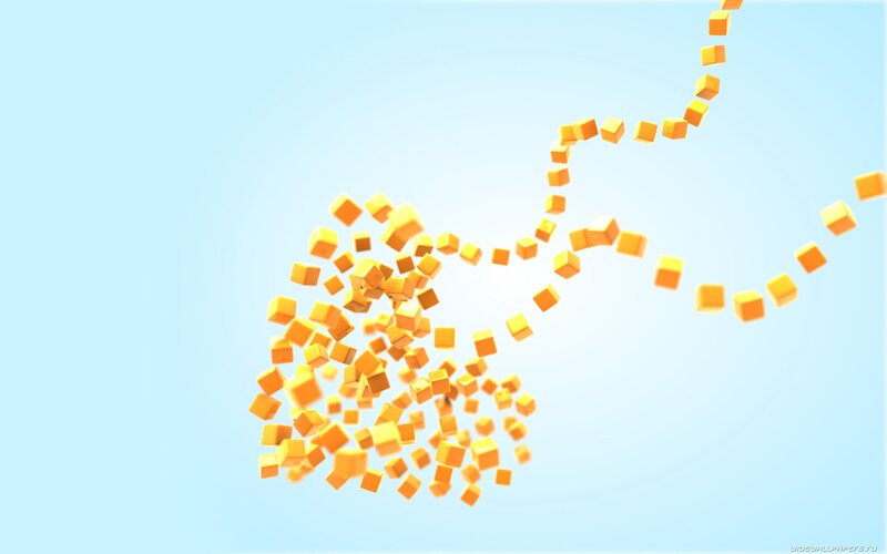 Orange Cubes in Motion — Calm, Digital Art, Light Blue Background