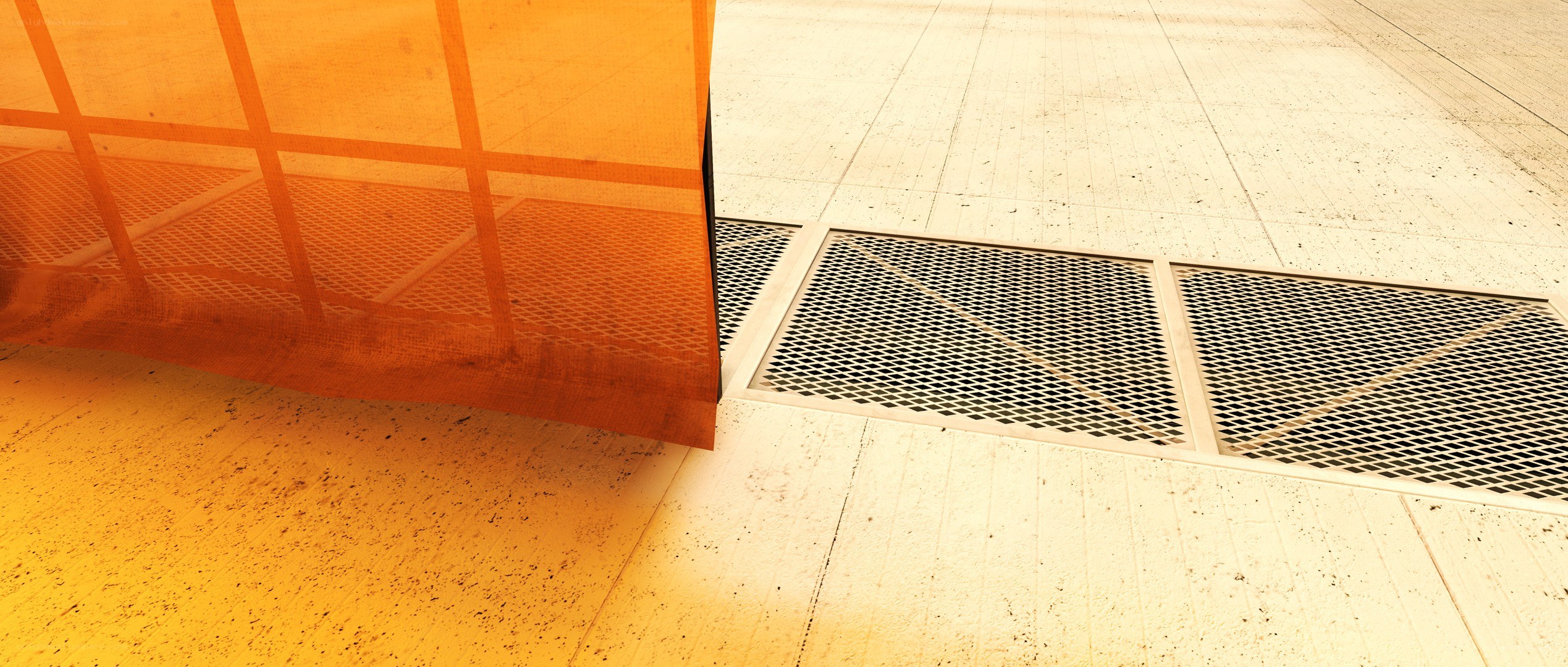 Orange curtain and floor grates