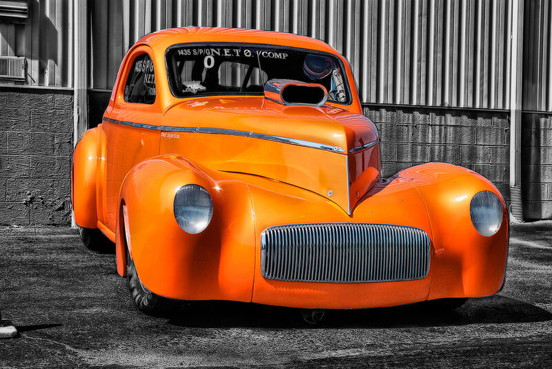 Orange Custom Car — Dramatic, Photograph, Building